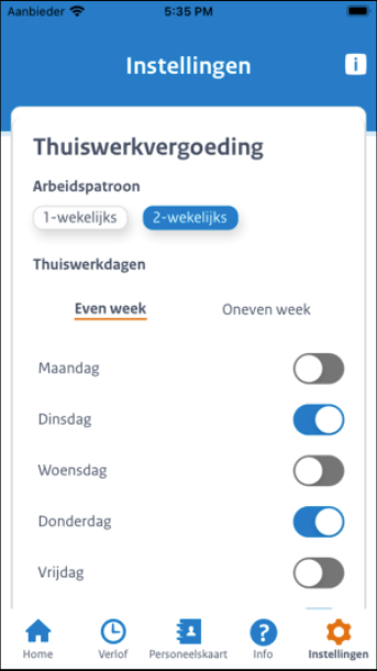 Scherm thuiswerkvergoeding app-direkt